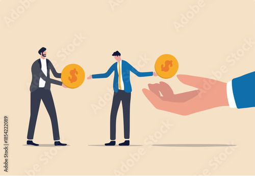 Living paycheck to paycheck, financial problem, get monthly income to pay for debt and loan or monthly expense concept, exhausted businessman salary man get dollar coin and pay it for creditor debt. 