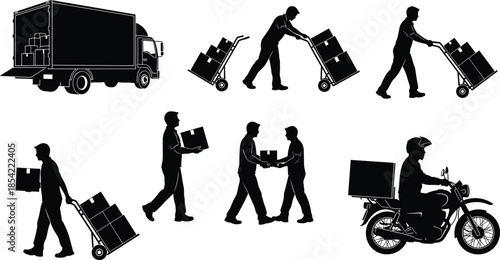 Logistics and delivery service silhouettes set featuring courier workers with hand trucks packages boxes freight truck and motorcycle delivery man