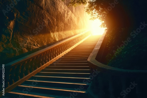 A staircase leading to a bright light