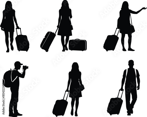 Silhouettes of male and female travelers with suitcases and backpacks walking standing and taking photos for vacation and airport travel