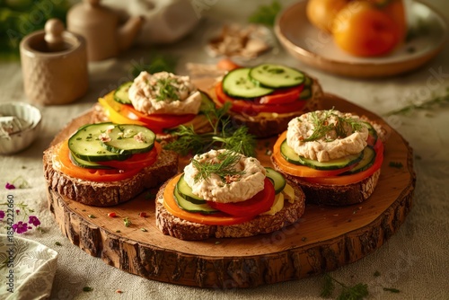 A wooden board with a variety of sandwiches on it