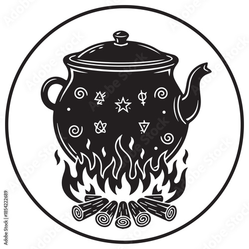 Mystical teapot on fire with magical symbols and flames