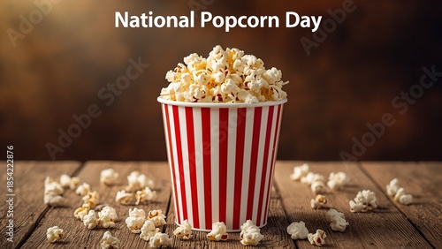 A red and white striped popcorn bucket filled with freshly popped popcorn on a wooden table for National Popcorn Day