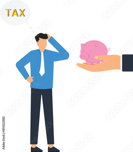 Confused businessman with tax worries and financial stress thinking about tax payment. Man facing economic problems with piggy bank savings for tax season and budget planning.