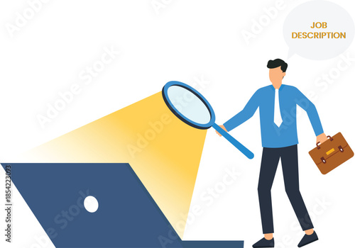 Job search concept with businessman analyzing job description on laptop using magnifying glass. Human resources recruitment hiring process career opportunity.