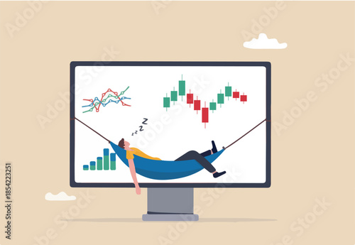 Passive investment, make money or earning with no activity, financial freedom or independence, relax rich businessman or wealth management concept, success investor sleep on financial graph computer.