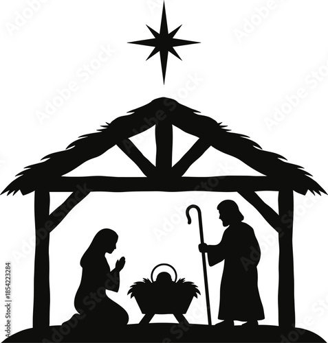 Nativity scene silhouette with Mary Joseph and baby Jesus under stable star isolated on white background Christmas illustration vector black
