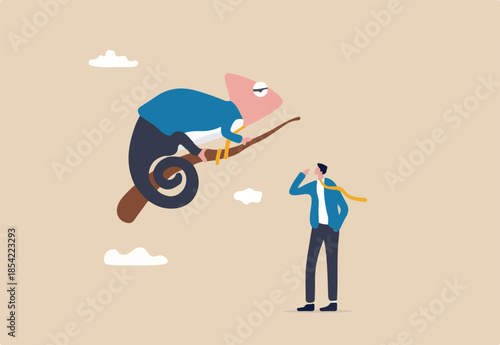 Business adaptability, change or evolve in uncertainty to survive and success, resilience or flexibility concept, businessman looking at chameleon reptile that evolved or transform into business suit