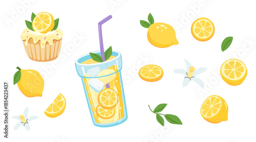 Fresh lemon illustration set with whole and sliced lemons, lemonade glass with straw, cupcake, citrus leaves and flowers, summer dessert and drink elements isolated on white background