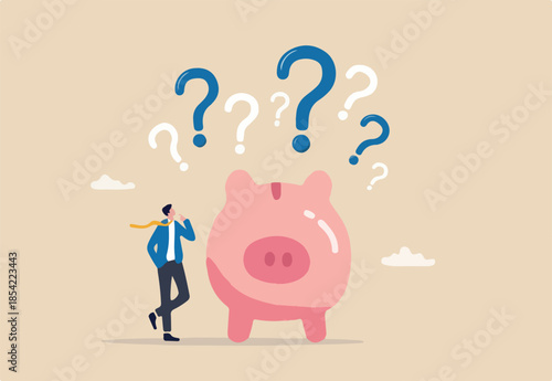 Finance question or saving problem, doubt or confusion, banking or economic uncertainty, contemplation or money solution, wealth concept, confused businessman with piggybank and question marks.