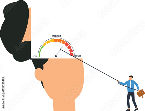 Stress level meter in open head with businessman managing high pressure performance gauge mental health concept burnout risk emotional state