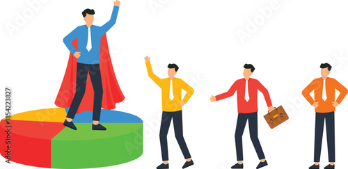 Superhero businessman on pie chart representing market share leadership. Business success corporate hero winning strategy data analysis financial growth team achievement.