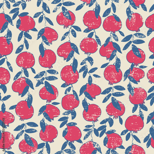 Seamless pattern. Pomegranate tree branches with fruit. Outlined vector illustration on light-colored background for surface design and other design projects Shana Tova