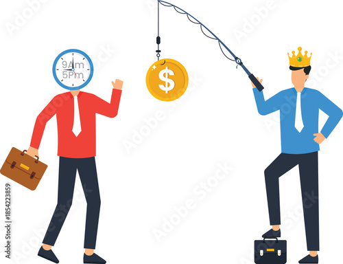 Businessman with Crown Fishing for Employee with Money Bait Corporate Motivation Concept Employee Incentive Financial Reward 9 to 5 Job Business Metaphor Corporate Trap Career Chase