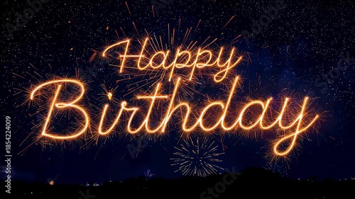 Happy birthday celebration with bright lights and fireworks at night in a clear sky