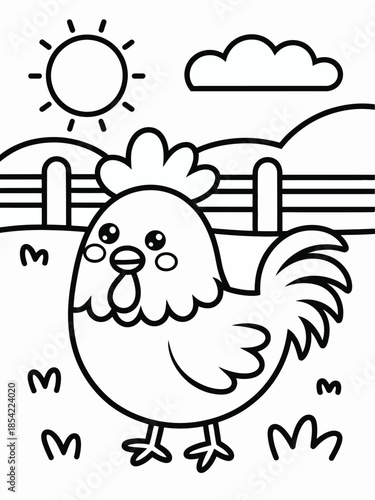 Chicken in a farmyard isolated on white background, Vector, illustration