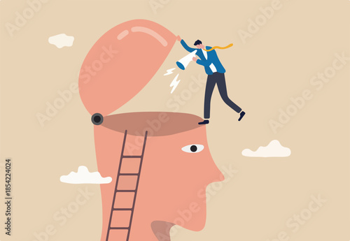 Brainwash, make someone to believe, aggressive or repetitive advertising message, awareness, motivation or communication concept, furious businessman shouting on megaphone with loud voice to open head