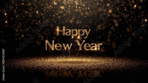 A festive Happy New Year message in gold letters on a sparkling black background