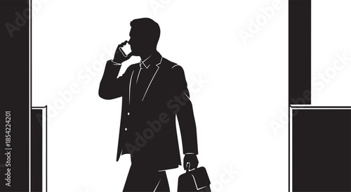 Businessman walking while conversing on a mobile phone and carrying a briefcase