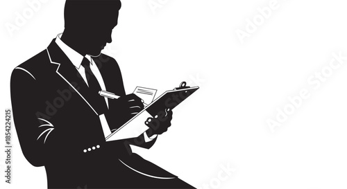 Silhouette of a businessman diligently taking notes or completing a form on a clipboard
