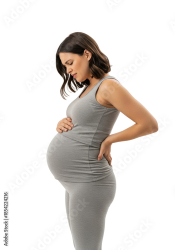 young caucasian woman, heavily pregnant, profile view, showing discomfort and lower back pain in grey athleisure wear against a stark white studio background, challenges of late-stage maternity
