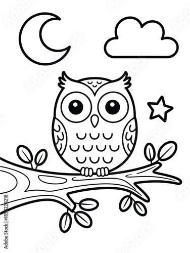 Owl perched on a branch at night isolated on white background, Vector, illustration