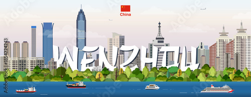 Wenzhou cityscape colorful vector illustration with big city name on the background. Travel trendy poster