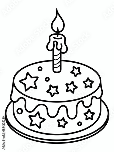 Birthday cake with single candle isolated on white background, Vector, illustration