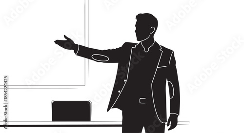 A businessman in silhouette giving a professional presentation with a clear gesture