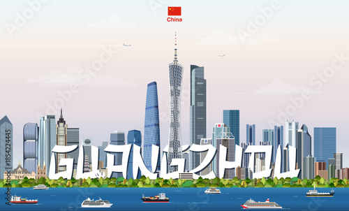 Guangzhou cityscape colorful vector illustration with big city name on the background. Travel trendy poster