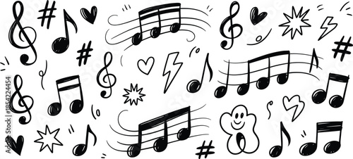 Hand drawn music doodle notes collection, playful melody symbols illustration, black white sketch vector design