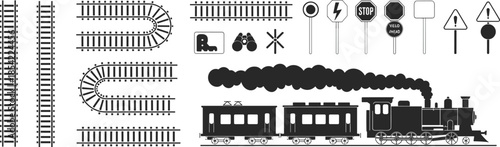 Railway tracks steam train icons and signals set illustration, vintage railroad transportation vector elements collection