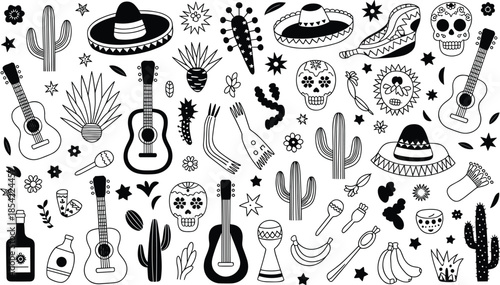 Mexican fiesta doodle icons set, sombrero skull cactus guitar symbols, black white vector illustration collection