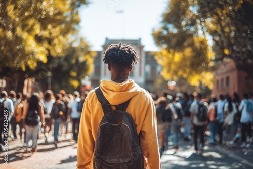 Wallpaper Mural Black College Student Walking Towards Campus Among Other Students in Daylight During Fall Semester Torontodigital.ca