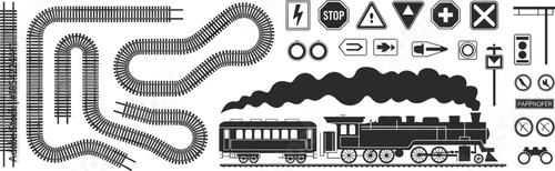 Railway tracks steam train icons and signals set illustration, vintage railroad transportation elements vector collection