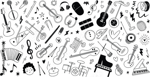 Hand drawn music doodle instruments set, playful sound symbols illustration, black white sketch vector collection