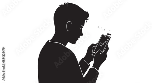 Silhouette of a young man engaged in digital finance and crypto trading on his smartphone