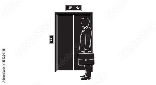 Businessman patiently waits for the elevator to ascend, symbolizing career progression and journey