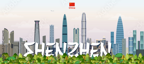Shenzhen graphic stylized cityscape colorful vector illustration with big city name on the background. Travel trendy poster