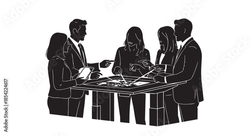 Business team in a collaborative meeting, strategizing around an interactive display