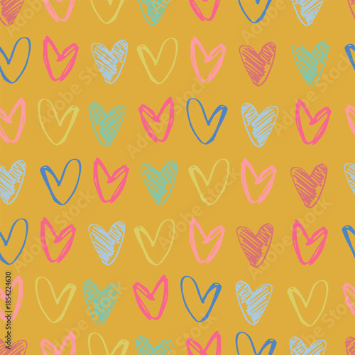 Seamless pattern with hand drawn hearts in Christmas and Valentines color combinations Floral Block Prints inspired by printmaking in Christmas color combinations