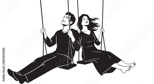 A happy couple enjoying a carefree moment together on swings, exuding happiness and relaxation