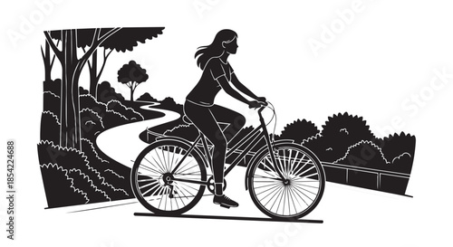 Leisurely cycling: a woman pedaling her bike along a beautiful winding nature trail