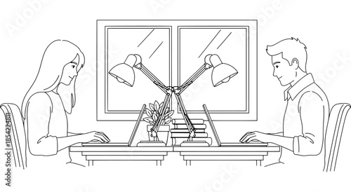 Two people working on laptops at a shared desk Vector