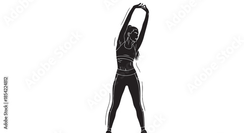 A slender woman in athletic wear performs a full body stretch reaching upwards