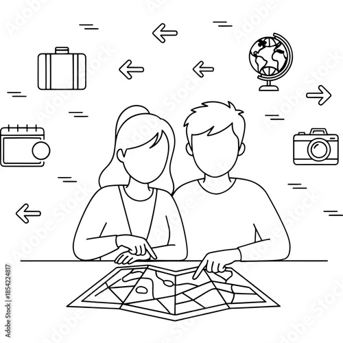 Couple planning a trip using a map and travel icons Vector