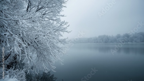 A serene winter landscape with a snow-covered tree by a calm lake on a foggy day