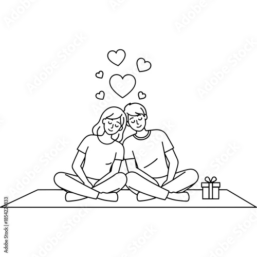Couple in love sitting together with hearts floating above them Vector