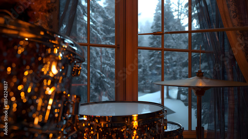 Close up of shiny drum kit with golden bokeh lights near window overlooking snowy winter forest. Holiday music celebration and cozy atmosphere concept.