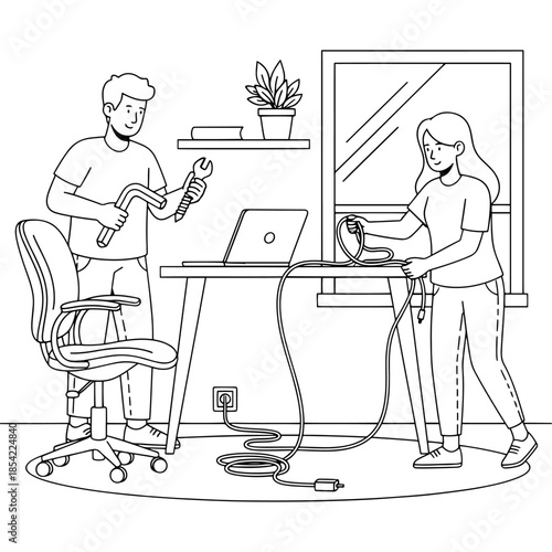 Man and woman working together on a laptop with tools Vector
